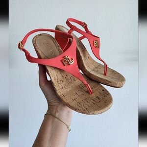Ralph Lauren Jeannie Coral Ankle Strap / Thong Cork Wedge Sandal Shoes Size 8